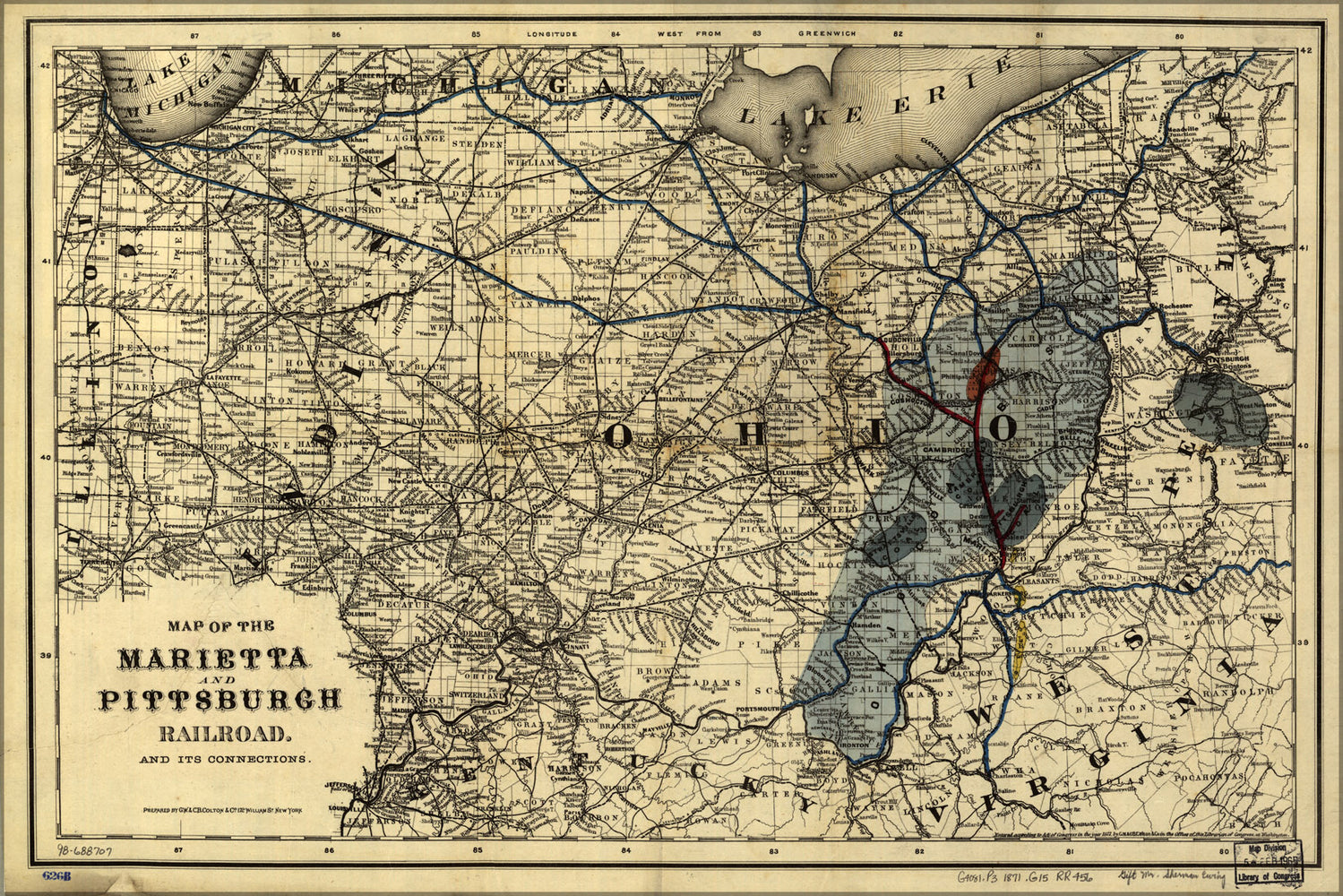 24"x36" Gallery Poster, Map Marietta Pittsburgh Railroad indiana 1871
