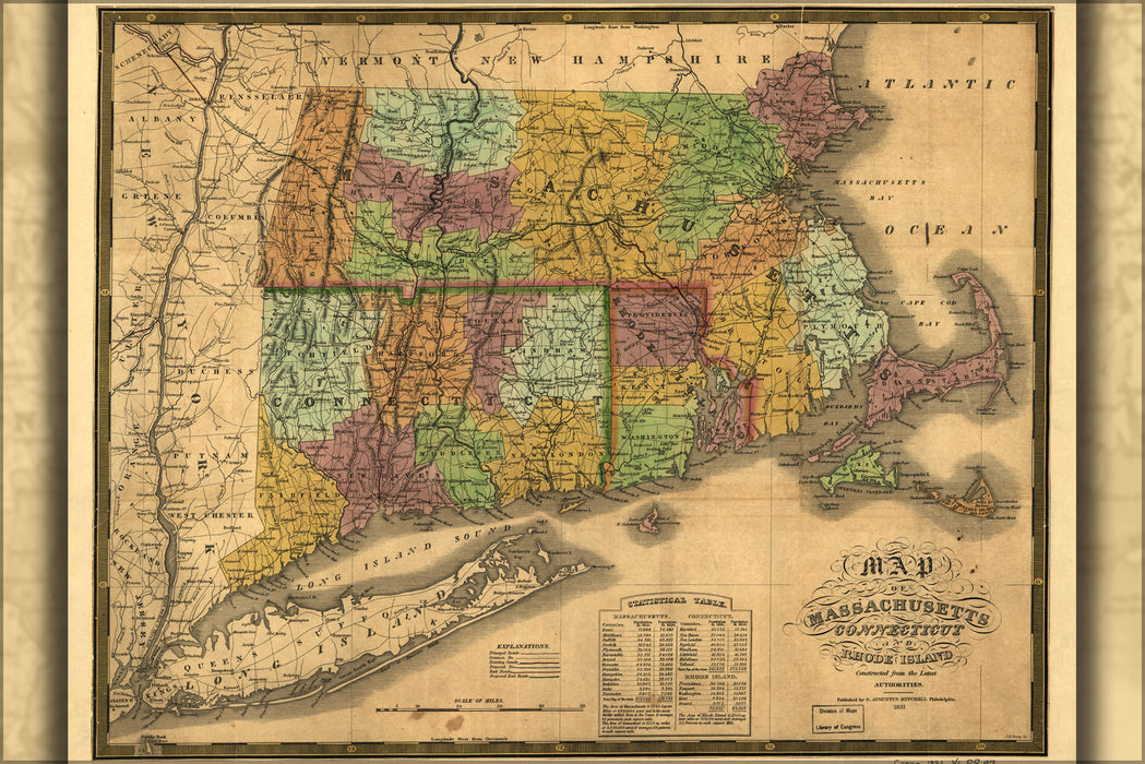 24"x36" Gallery Poster, Map Massachusetts Connecticut Rhode Island 1831