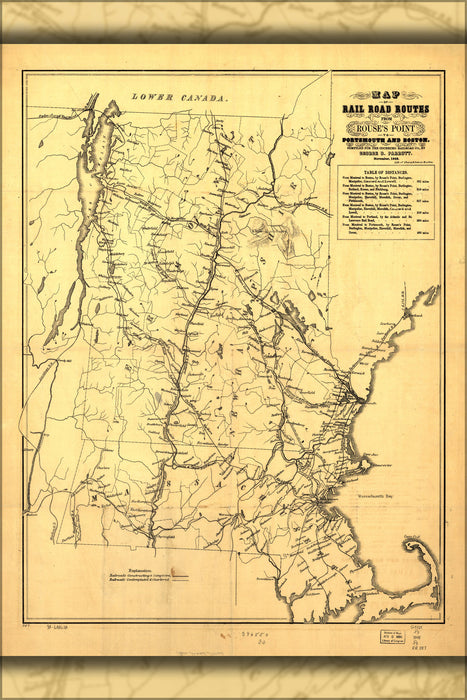 24"x36" Gallery Poster, Map Massachusetts New Hampshire Vermont r.r. 1848