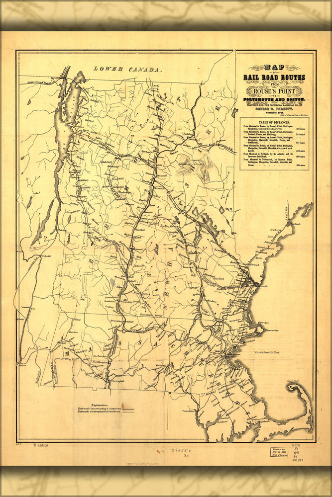 24"x36" Gallery Poster, Map Massachusetts New Hampshire Vermont r.r. 1848