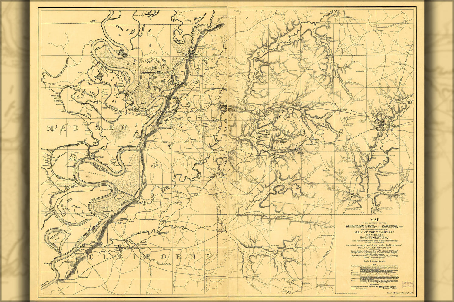 24"x36" Gallery Poster, Map Millikens Bend louisiana & Jackson Miss. 1863