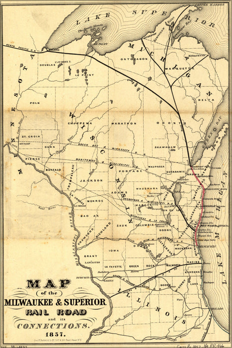 24"x36" Gallery Poster, Map Milwaukee & Superior RailRoad wisconsin 1857