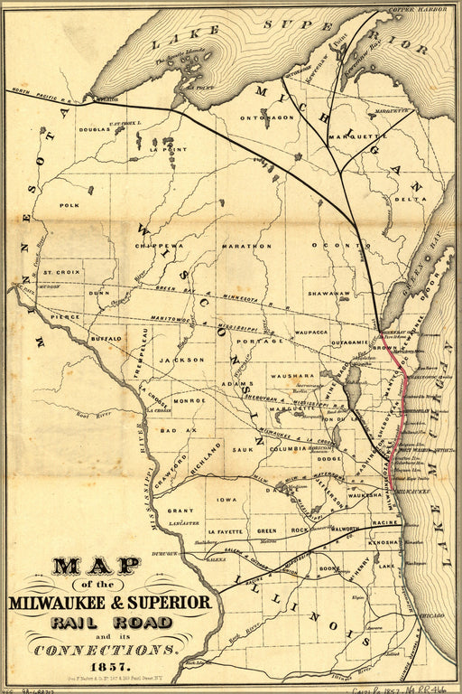 24"x36" Gallery Poster, Map Milwaukee & Superior RailRoad wisconsin 1857