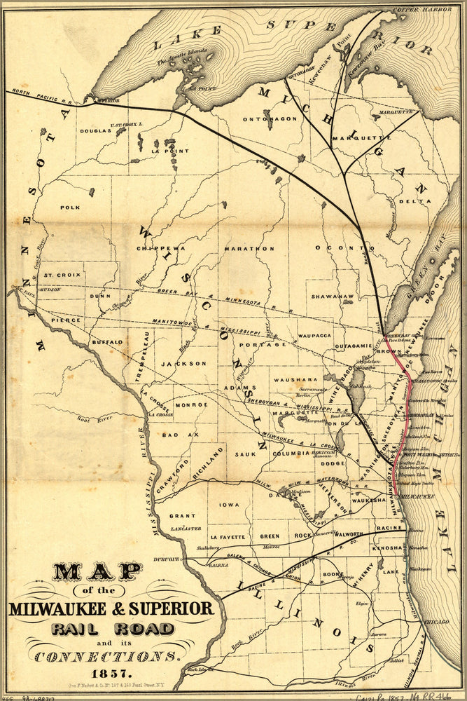 24"x36" Gallery Poster, Map Milwaukee & Superior RailRoad wisconsin 1857