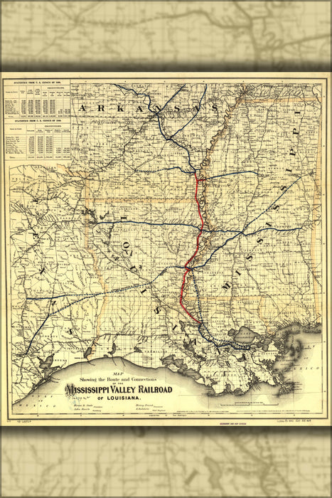 24"x36" Gallery Poster, Map Mississippi Valley Railroad of Louisiana 1882