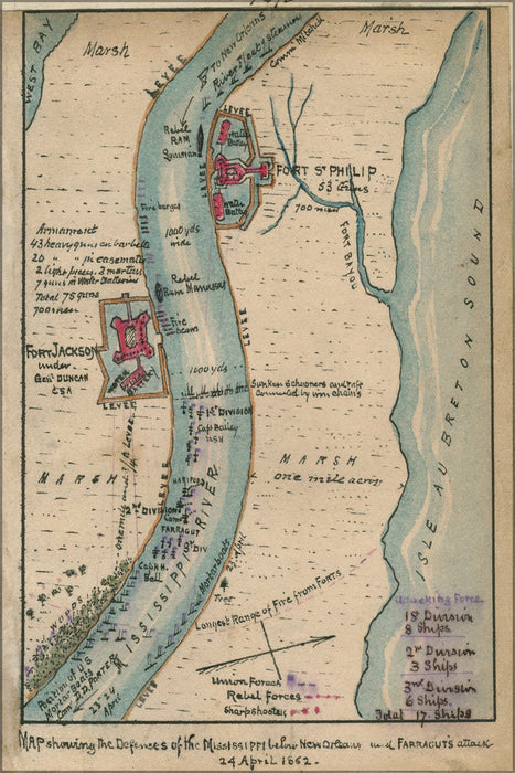 24"x36" Gallery Poster, Map Mississippi river defenses New Orleans 1862