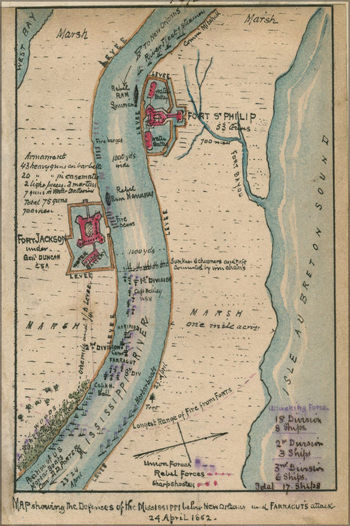 24"x36" Gallery Poster, Map Mississippi river defenses New Orleans 1862