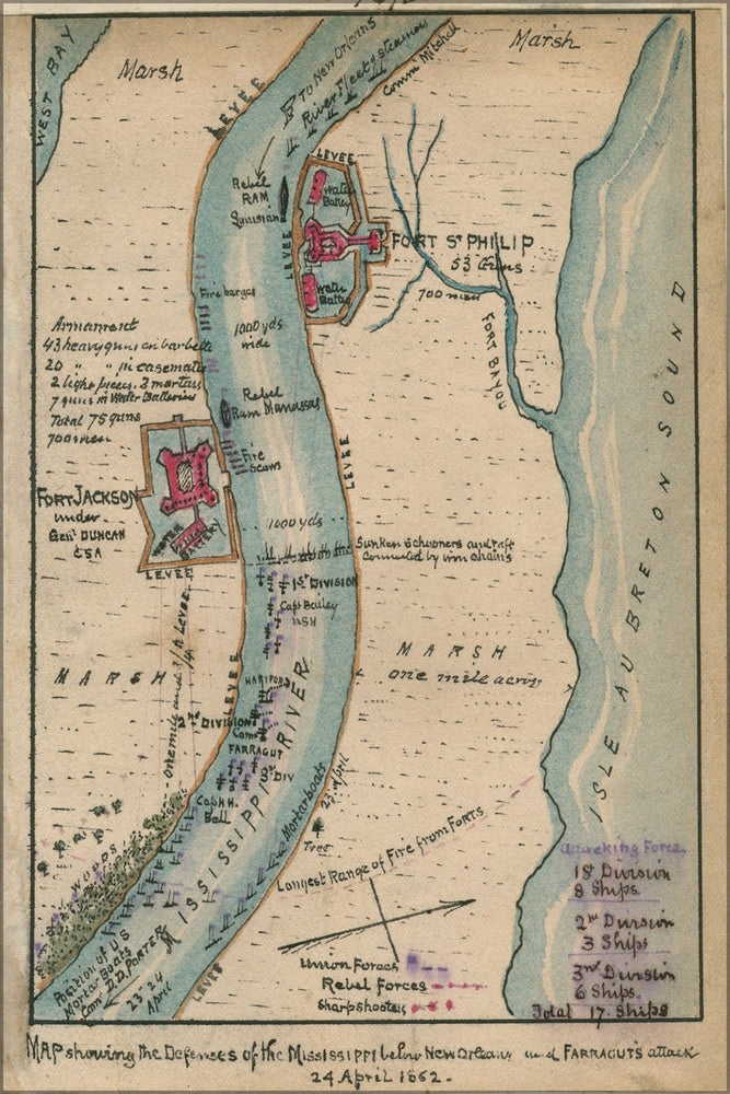 24"x36" Gallery Poster, Map Mississippi river defenses New Orleans 1862