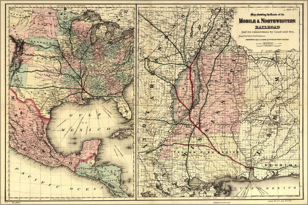 24"x36" Gallery Poster, Map Mobile & North Western Railroad 1871