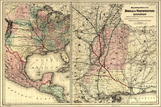 24"x36" Gallery Poster, Map Mobile & North Western Railroad 1871