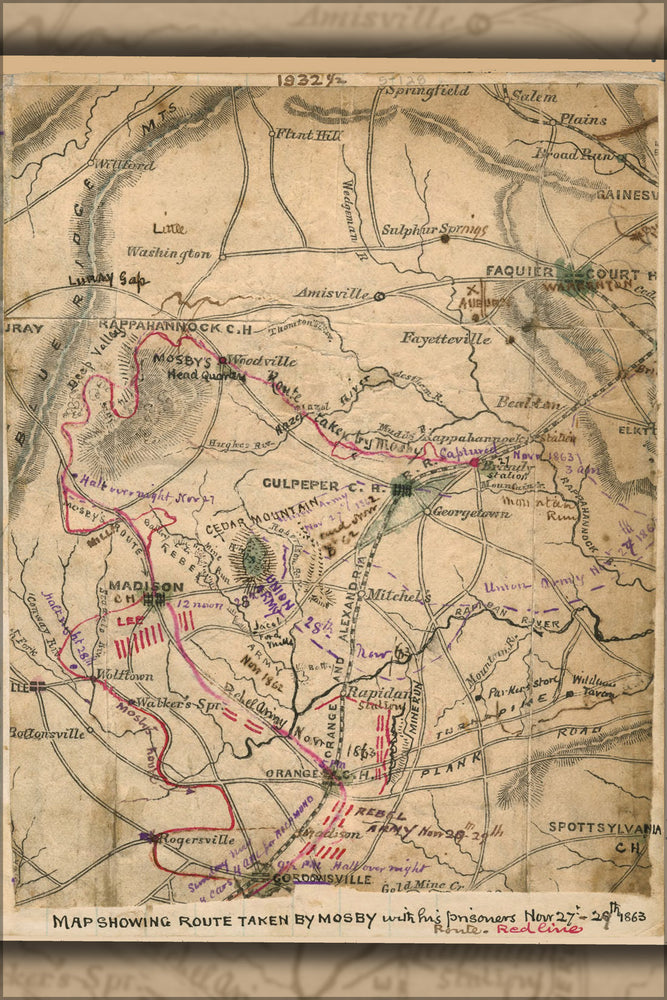 24"x36" Gallery Poster, Map Mosby with his prisoners Nov 27-29 1863