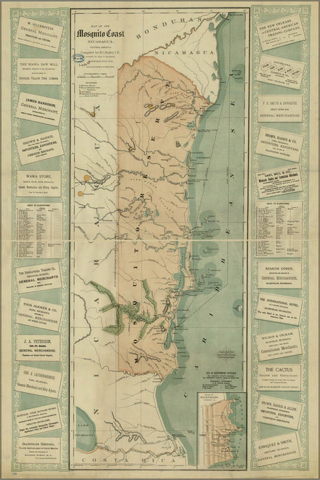 24"x36" Gallery Poster, Map Mosquito Shore Nicaragua Central America 1894
