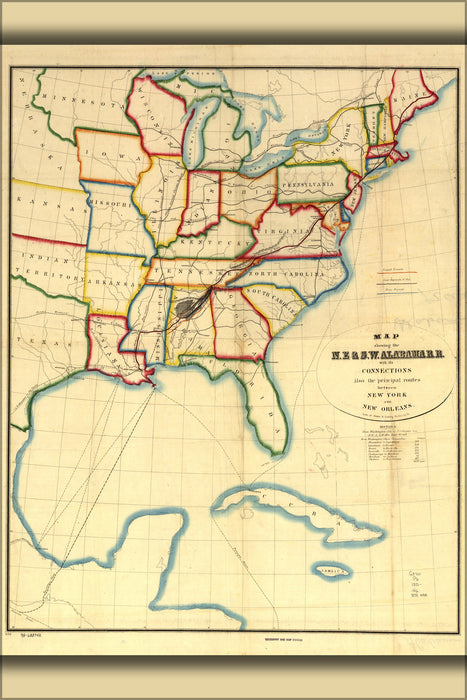 24"x36" Gallery Poster, Map N.E. & S.W. Alabama railroad New Orleans 1850