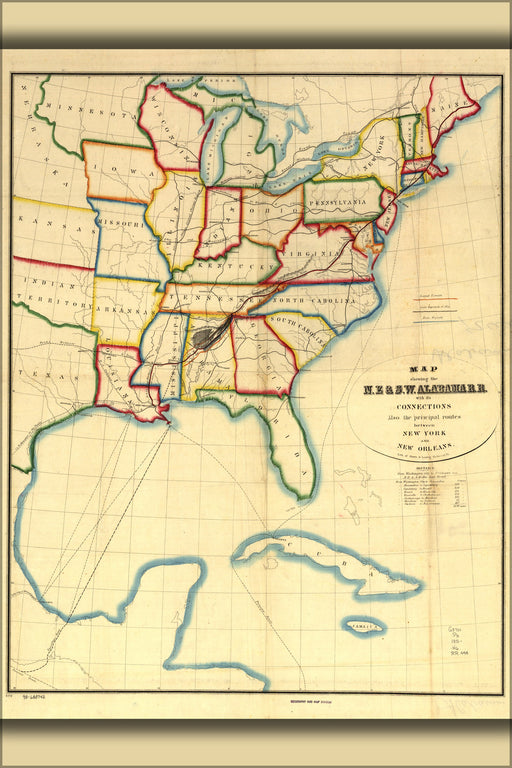 24"x36" Gallery Poster, Map N.E. & S.W. Alabama railroad New Orleans 1850
