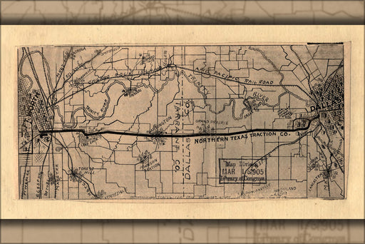24"x36" Gallery Poster, Map N Texas Trac co. Ft. Worth to dallas 1905