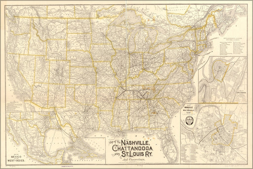 24"x36" Gallery Poster, Map Nashville Chattanooga St. Louis Railroad 1889