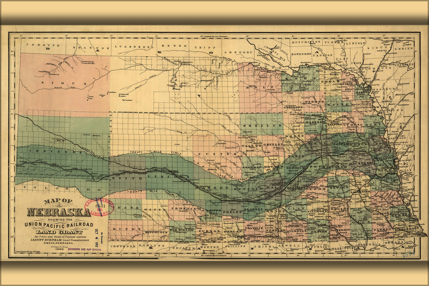 24"x36" Gallery Poster, Map Nebraska Union Pacific Railroad grant 1879