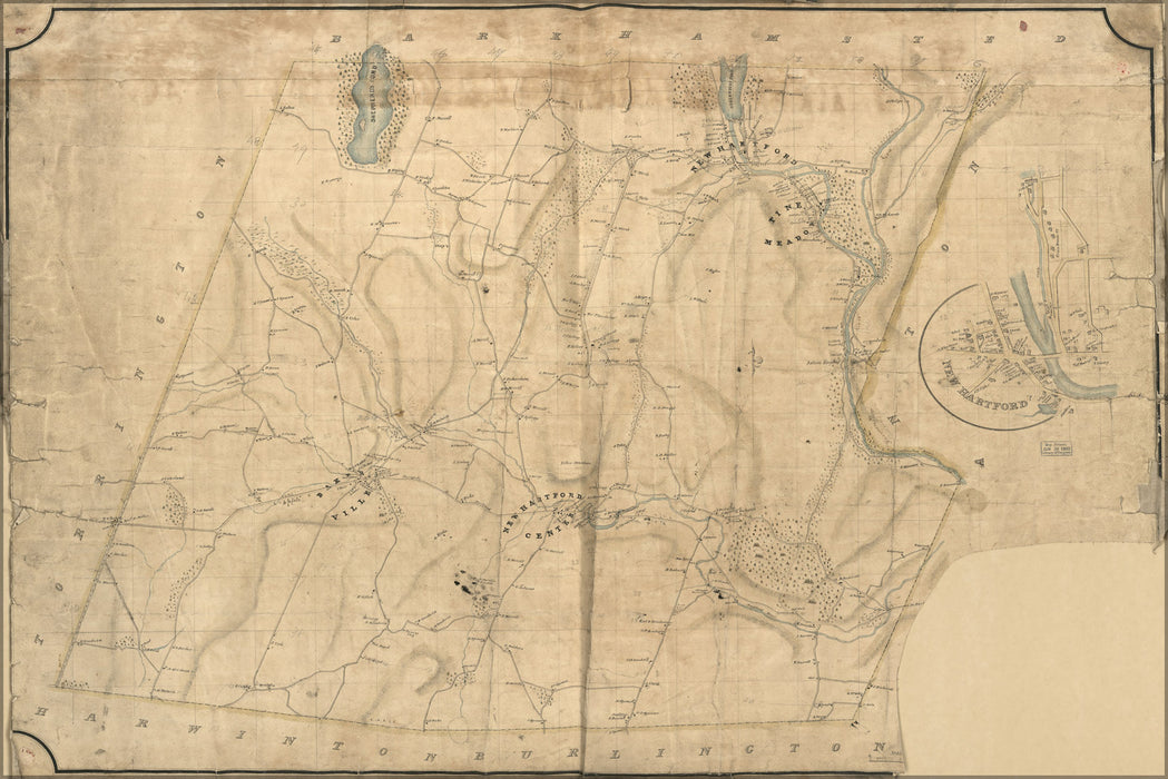 24"x36" Gallery Poster, Map New Hartford Litchfield Co Connecticut 1852