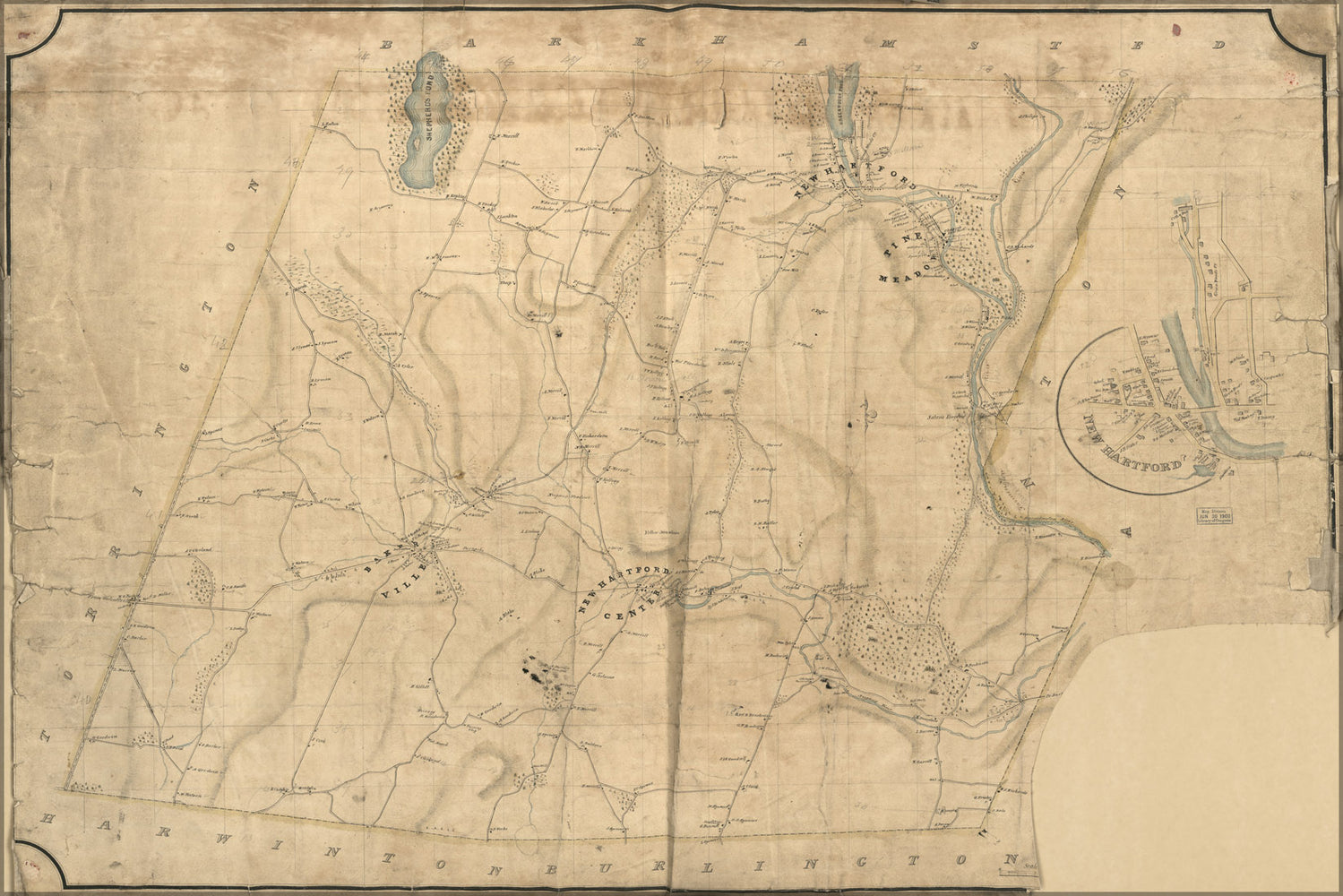 24"x36" Gallery Poster, Map New Hartford Litchfield Co Connecticut 1852