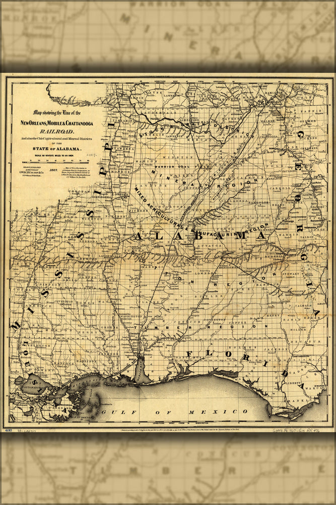 24"x36" Gallery Poster, Map New Orleans Mobile Chattanooga Railroad 1867