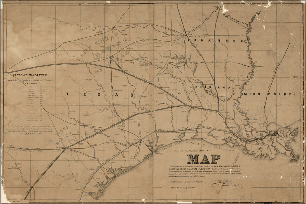24"x36" Gallery Poster, Map New Orleans Railroad of Louisiana 1859