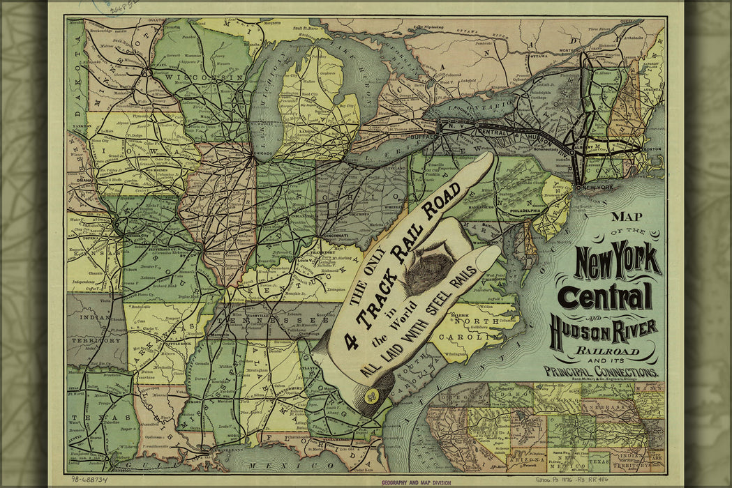 24"x36" Gallery Poster, Map New York Central & Hudson River Railroad 1876