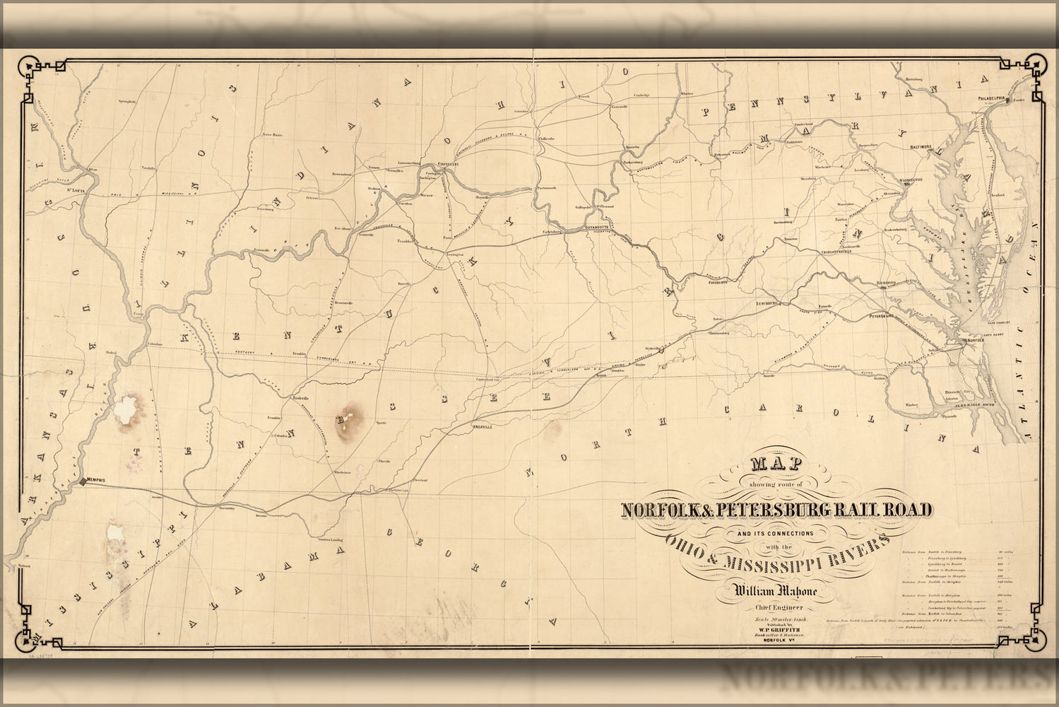 24"x36" Gallery Poster, Map Norfolk & Petersburg RailRoad 1858