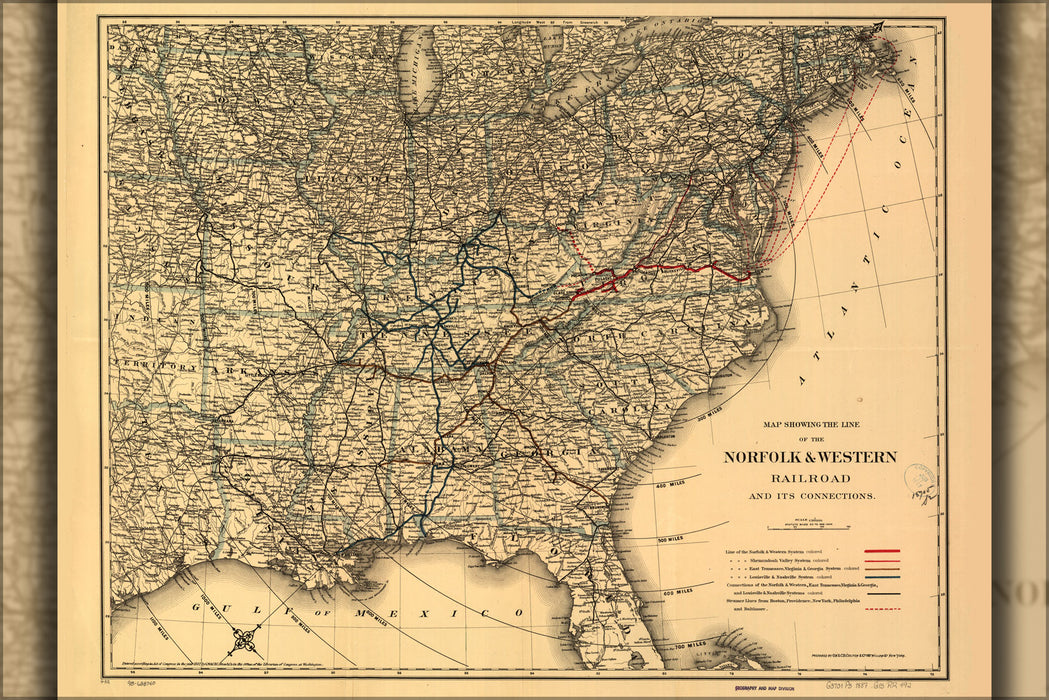 24"x36" Gallery Poster, Map Norfolk & Western Railroad 1887