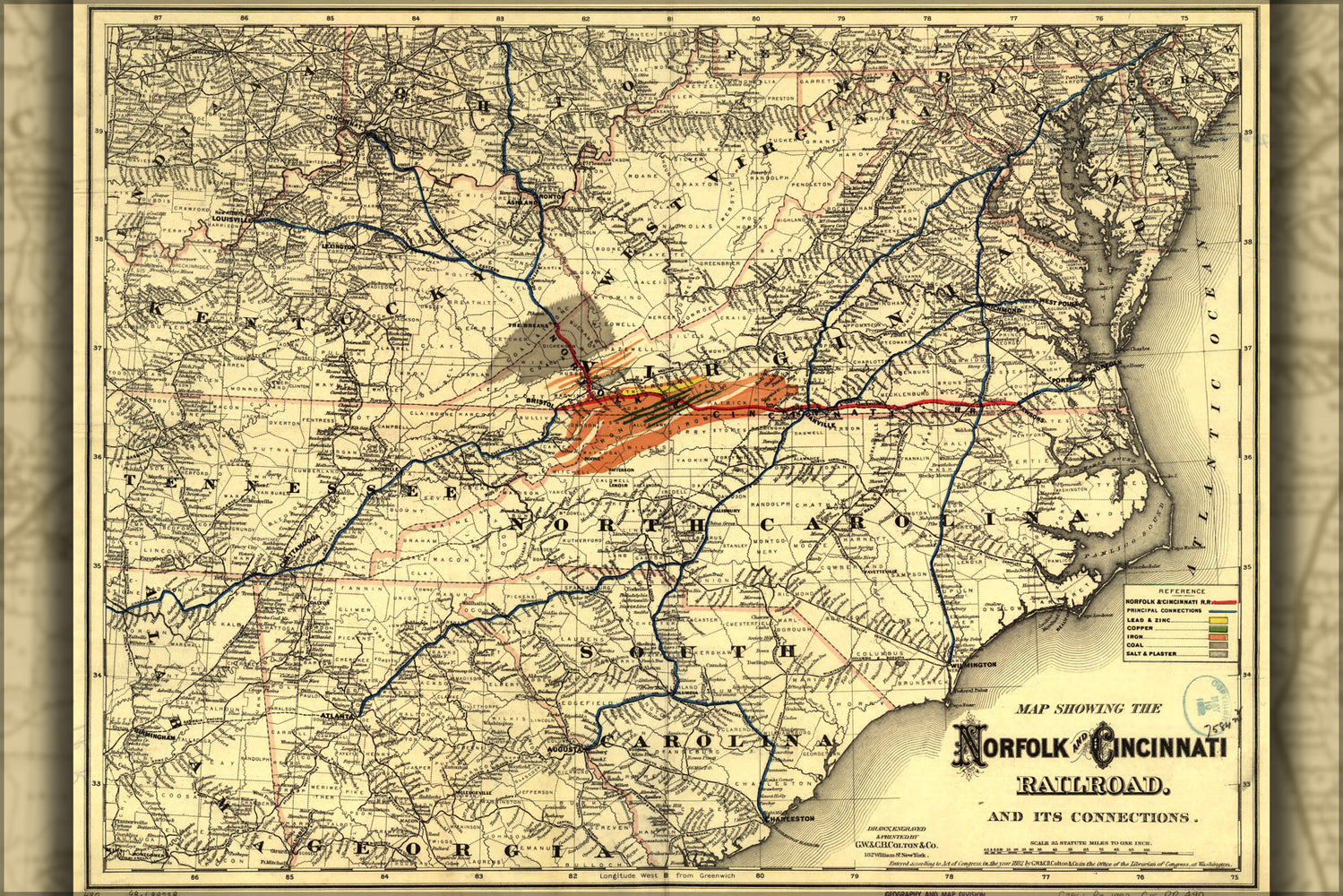 24"x36" Gallery Poster, Map Norfolk and Cincinnati Railroad 1882