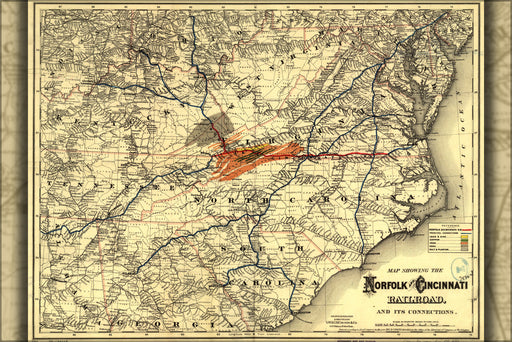 24"x36" Gallery Poster, Map Norfolk and Cincinnati Railroad 1882