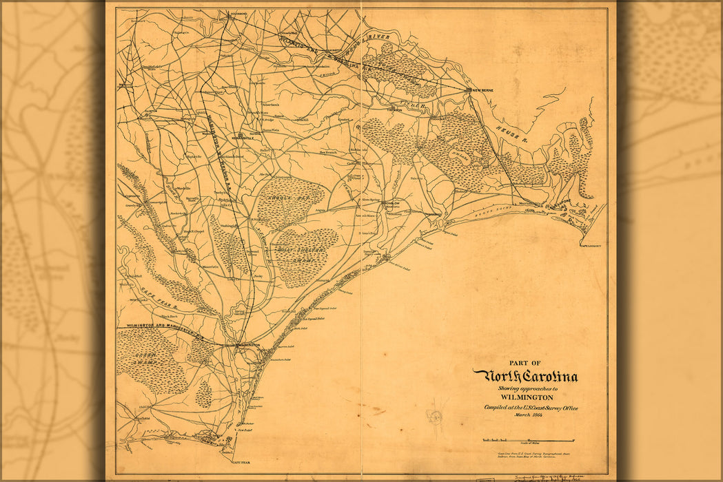 24"x36" Gallery Poster, Map North Carolina Cape Lookout Cape Fear 1864