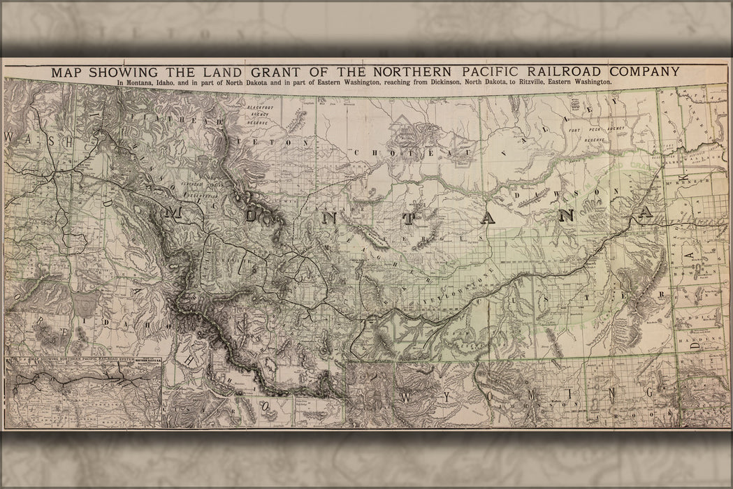 24"x36" Gallery Poster, Map Northern Pacific Railroad Co land grant 1890