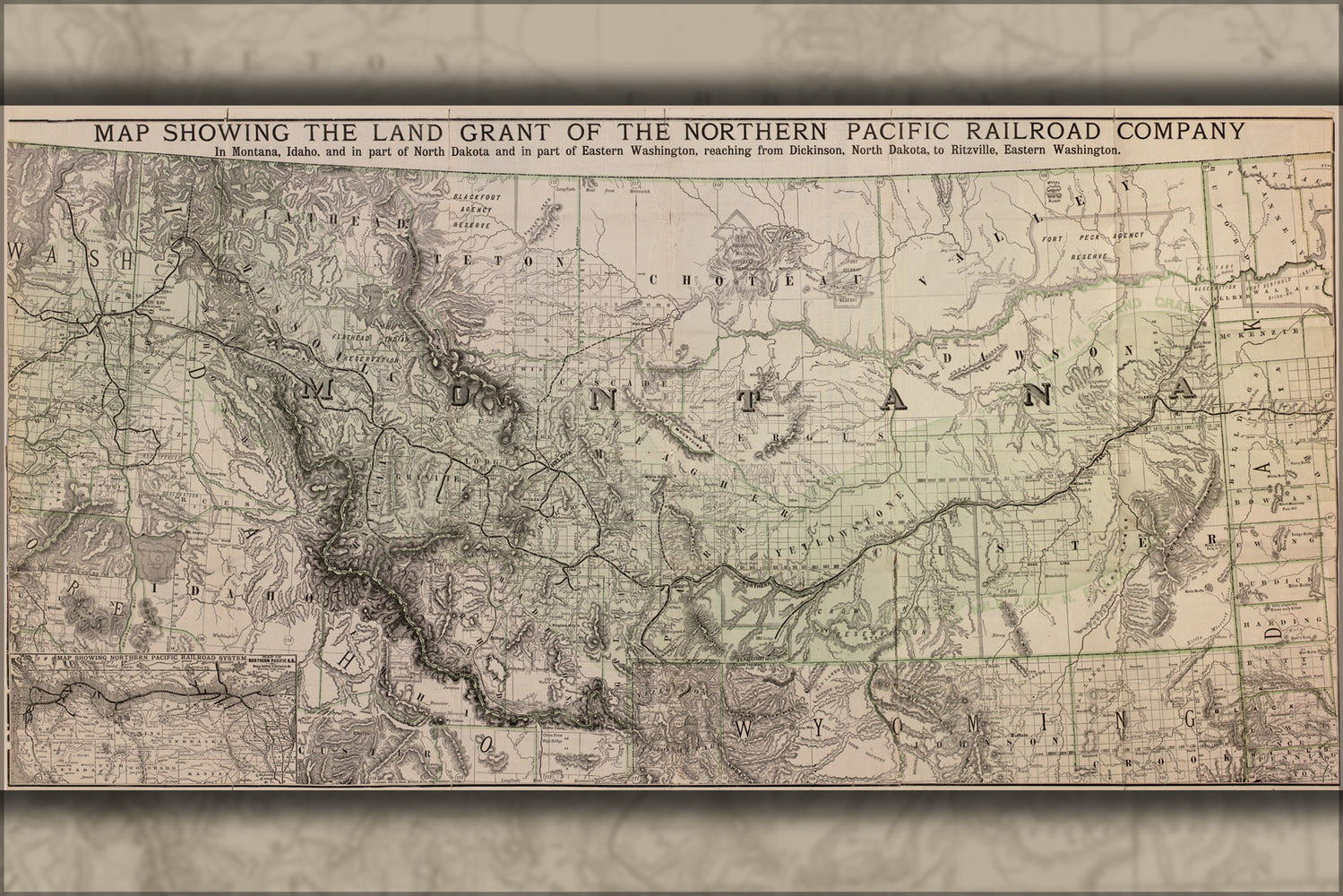 24"x36" Gallery Poster, Map Northern Pacific Railroad Co land grant 1890