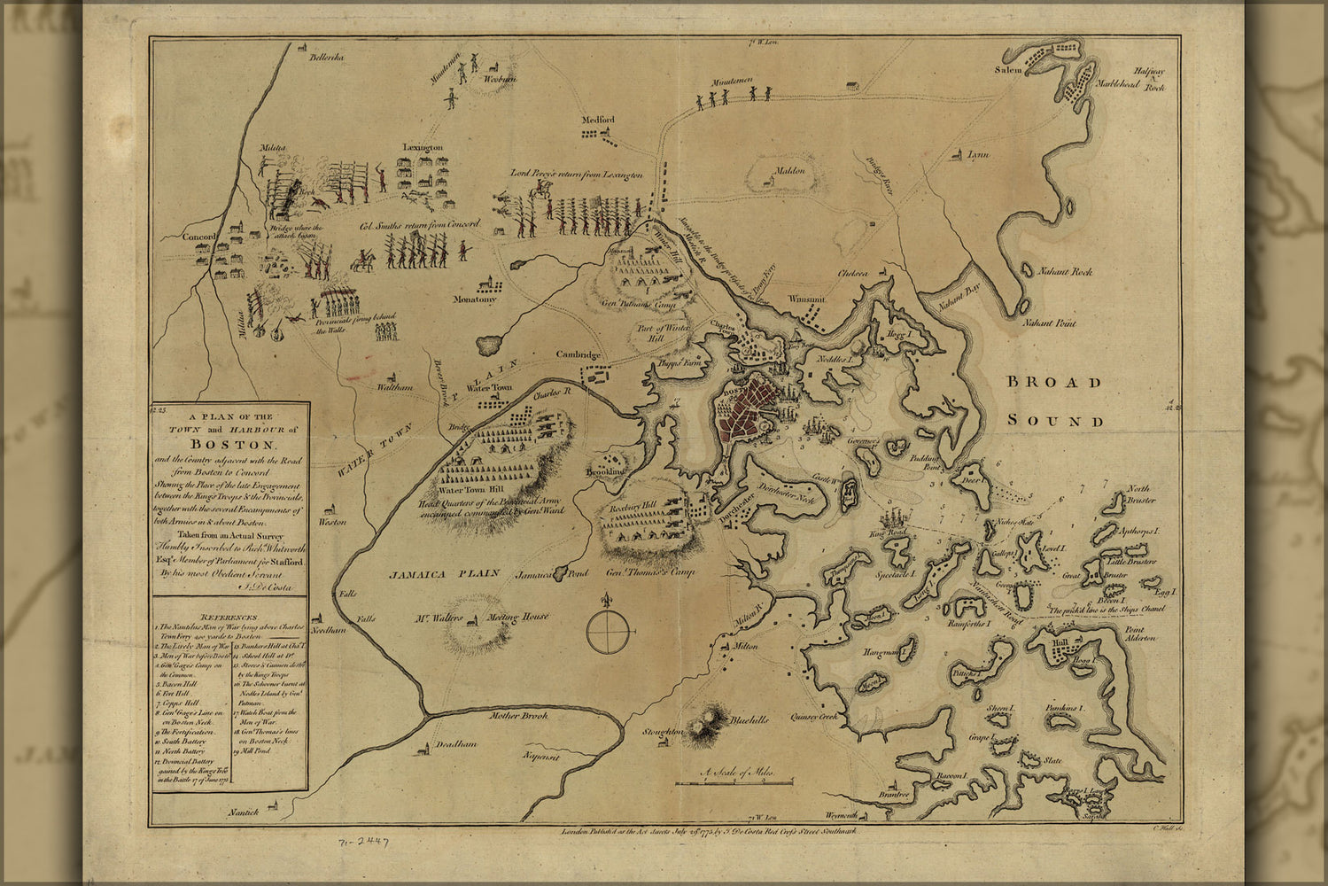 24"x36" Gallery Poster, Map Of 1775 Battle Of Lexington, Concord & Siege Of Boston