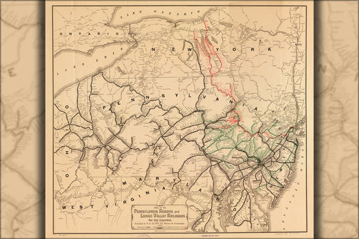 24"x36" Gallery Poster, Map Pennsylvania Lehigh Valley Railroads 1884