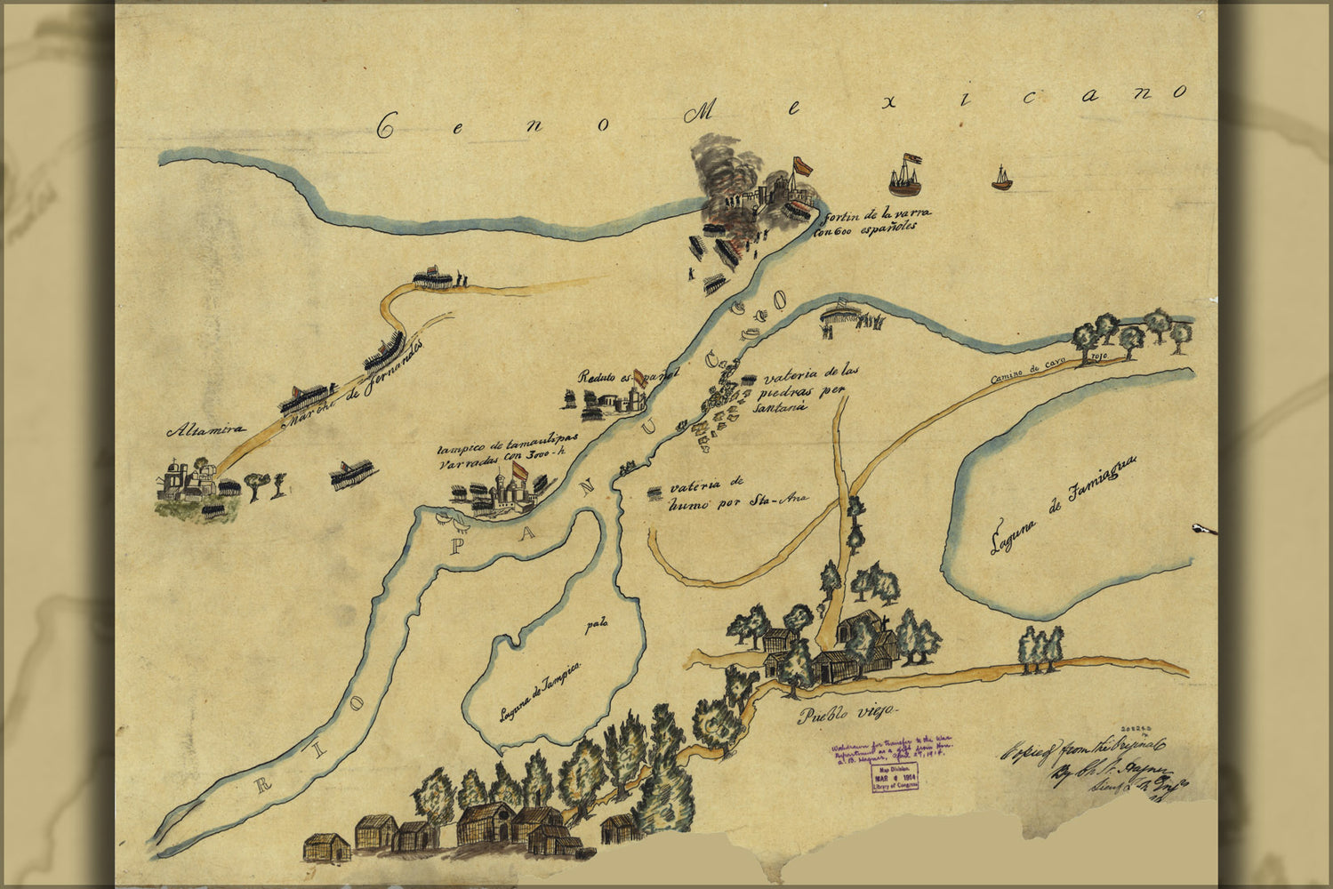 24"x36" Gallery Poster, Map battle Isidro Barradas Tampico Mexico 1829