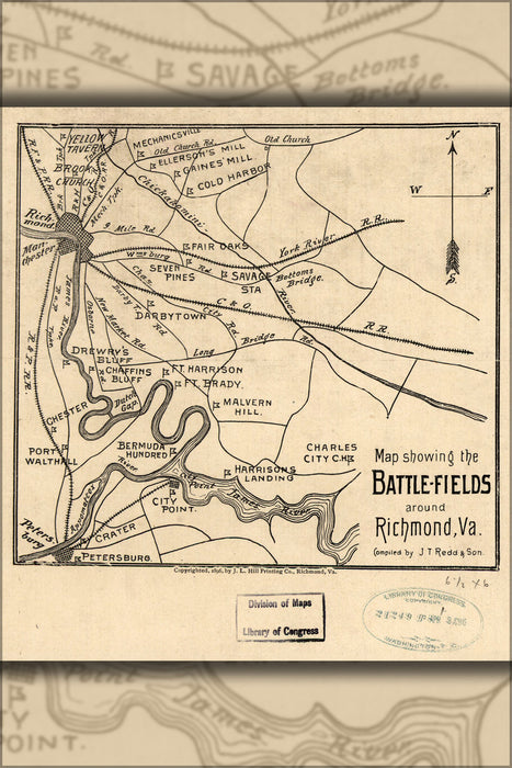 24"x36" Gallery Poster, Map battle fields around Richmond virginia 1896