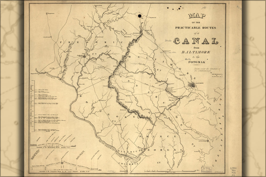 24"x36" Gallery Poster, Map canal Baltimore to potomac river 1838