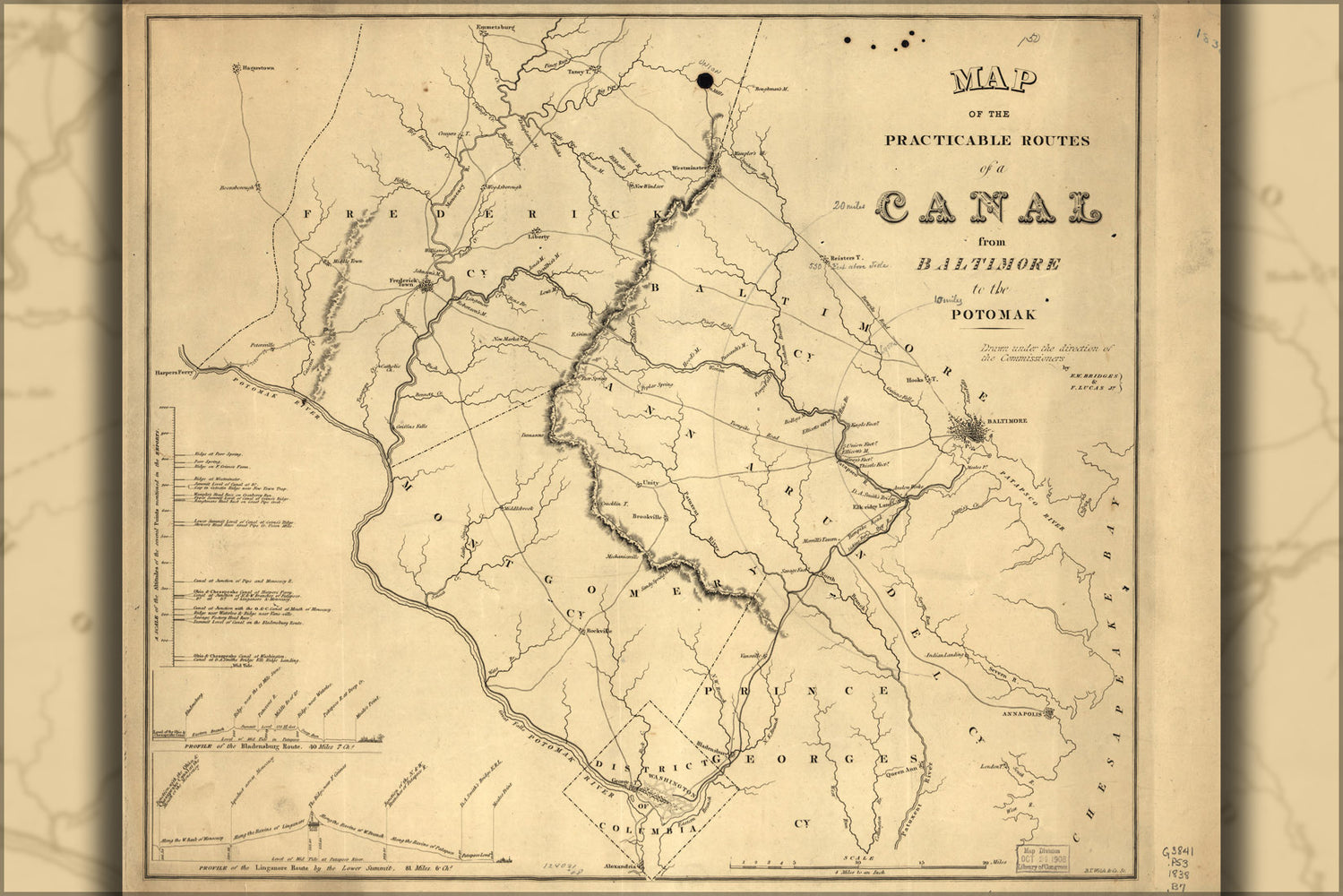 24"x36" Gallery Poster, Map canal Baltimore to potomac river 1838