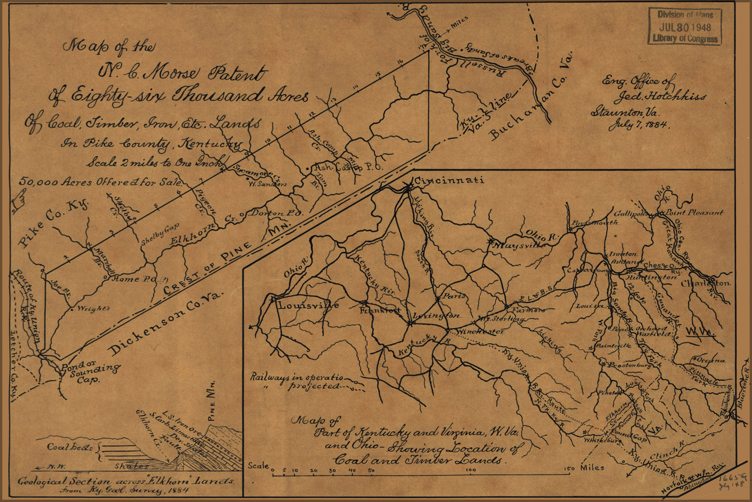 24"x36" Gallery Poster, Map coal & timber in Kentucky Virginia Ohio 1884