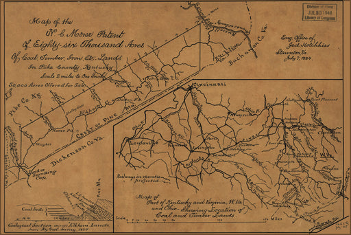 24"x36" Gallery Poster, Map coal & timber in Kentucky Virginia Ohio 1884