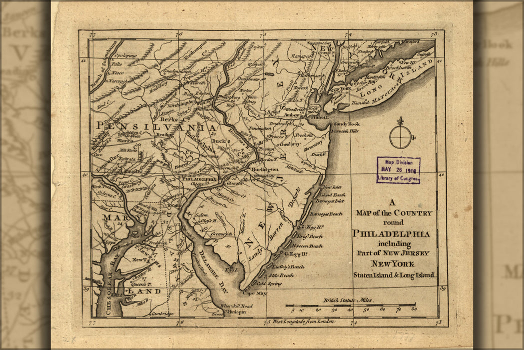 24"x36" Gallery Poster, Map country round Philadelphia pennsylvania 1776