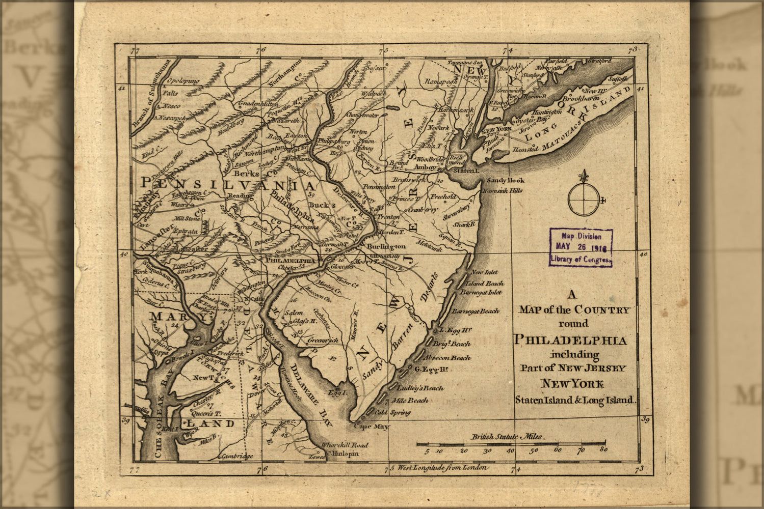24"x36" Gallery Poster, Map country round Philadelphia pennsylvania 1776