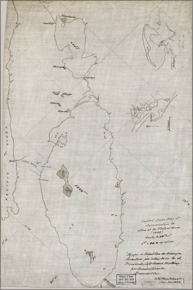 24"x36" Gallery Poster, Map de Republica de Nicaragua 1898