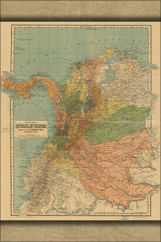 24"x36" Gallery Poster, Map de la Republica de Colombia 1912