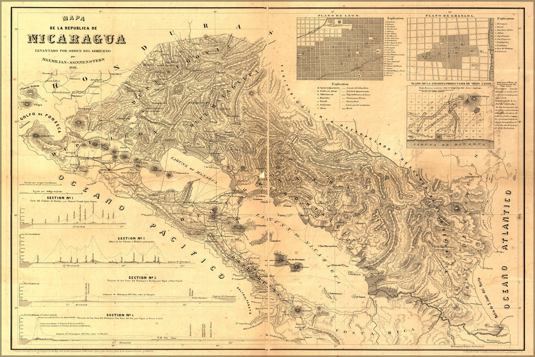 24"x36" Gallery Poster, Map de la republica de Nicaragua 1858