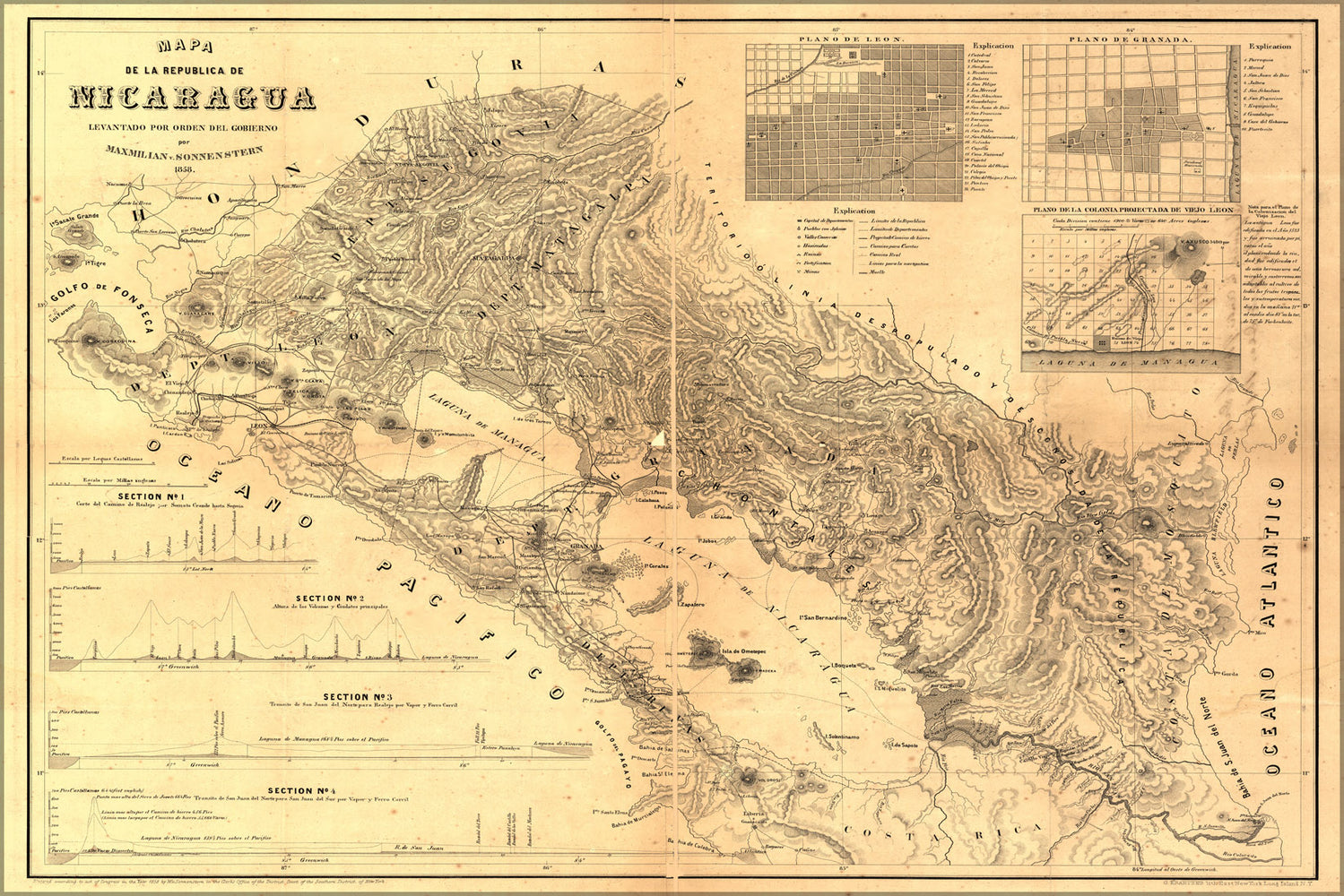 24"x36" Gallery Poster, Map de la republica de Nicaragua 1858