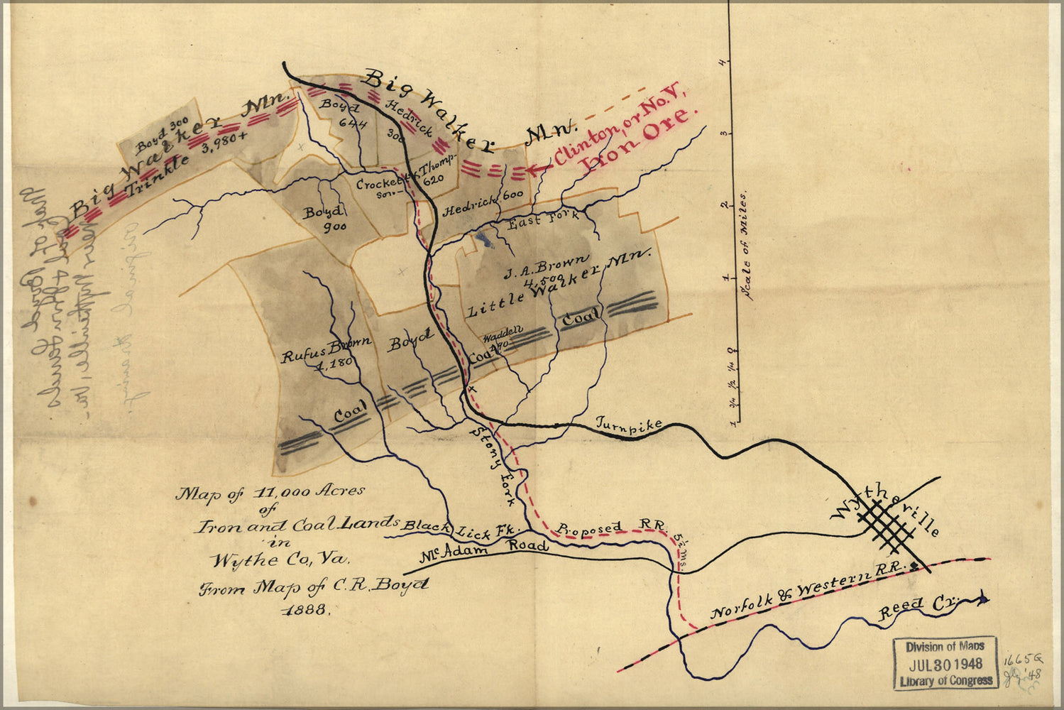 24"x36" Gallery Poster, Map iron & coal land Wythe County virginia 1888