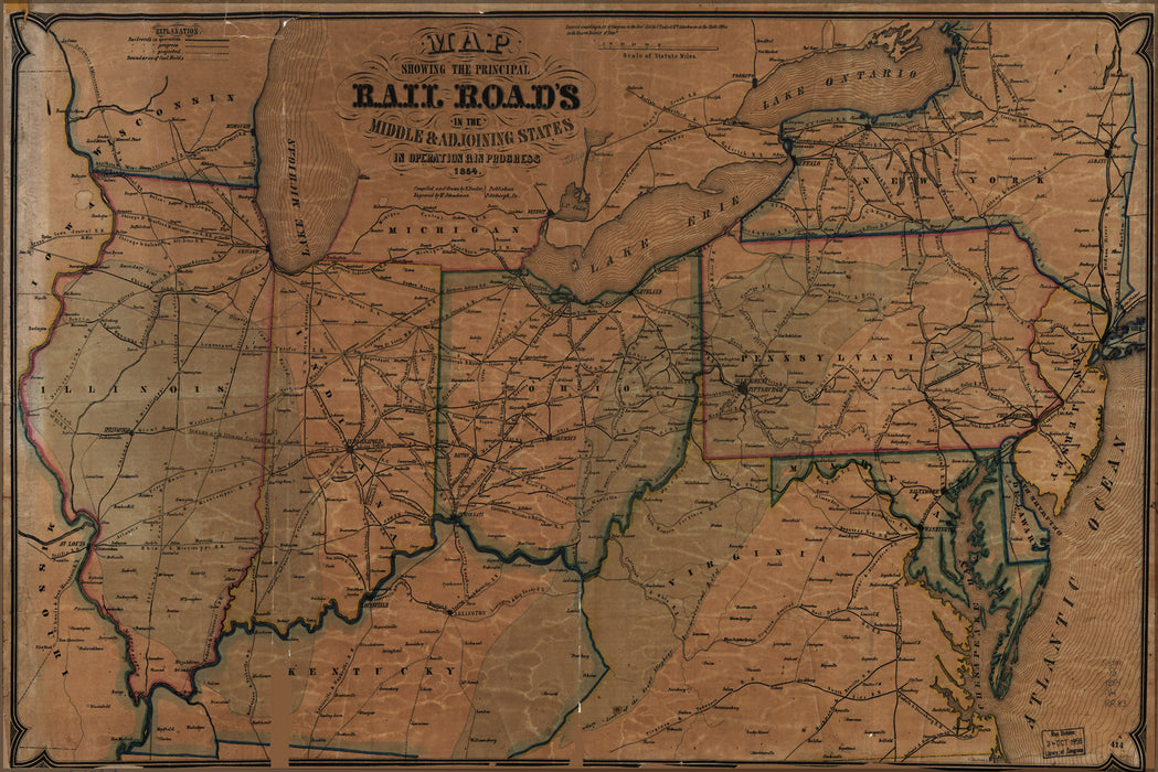 24"x36" Gallery Poster, Map main railroads indiana ohio pennsylvania 1854