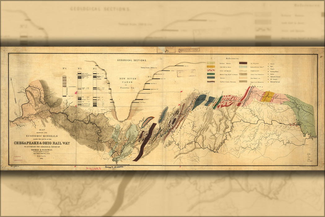 24"x36" Gallery Poster, Map minerals along Chesapeake Ohio Railroad 1872